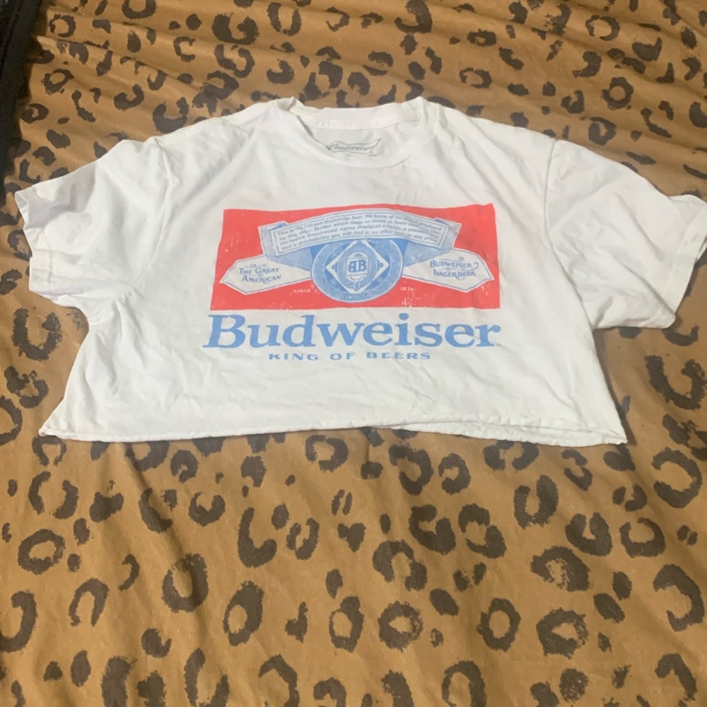 Budweiser White Cropped Graphic Tee with Red & Blue Logo